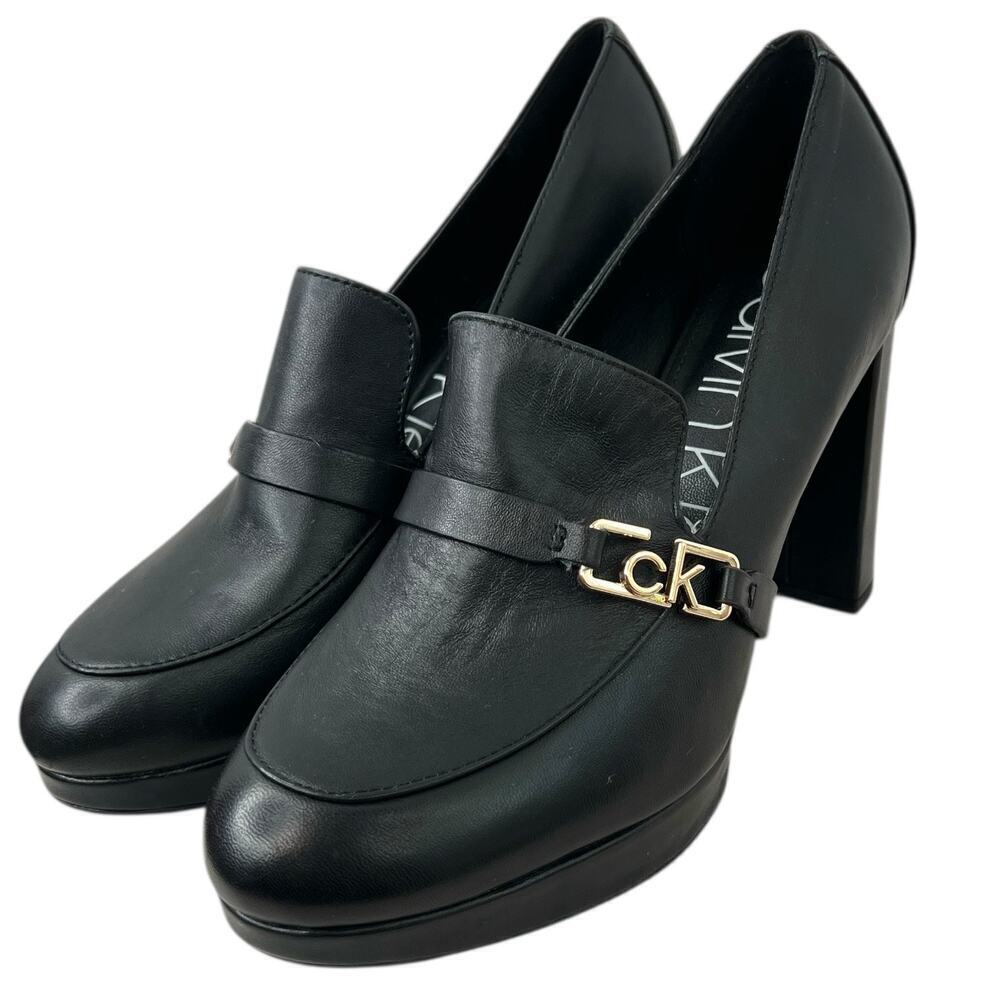 CALVIN KLEIN Pressy Platform Moc Leather Pumps 3" Heel in Black W's Size 7.5M - Picture 2 of 14